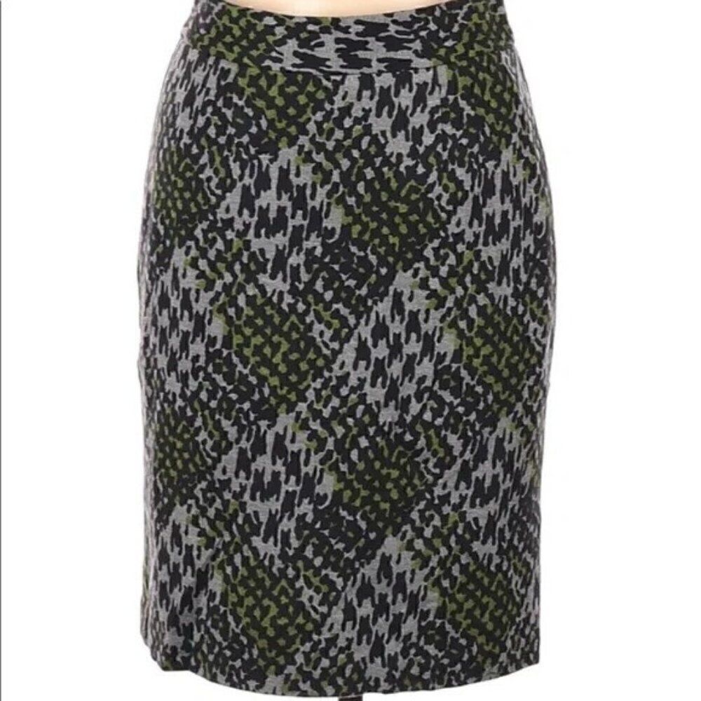 Trina Turk Gray and Green Leopard Print Plaid Pencil Skirt
